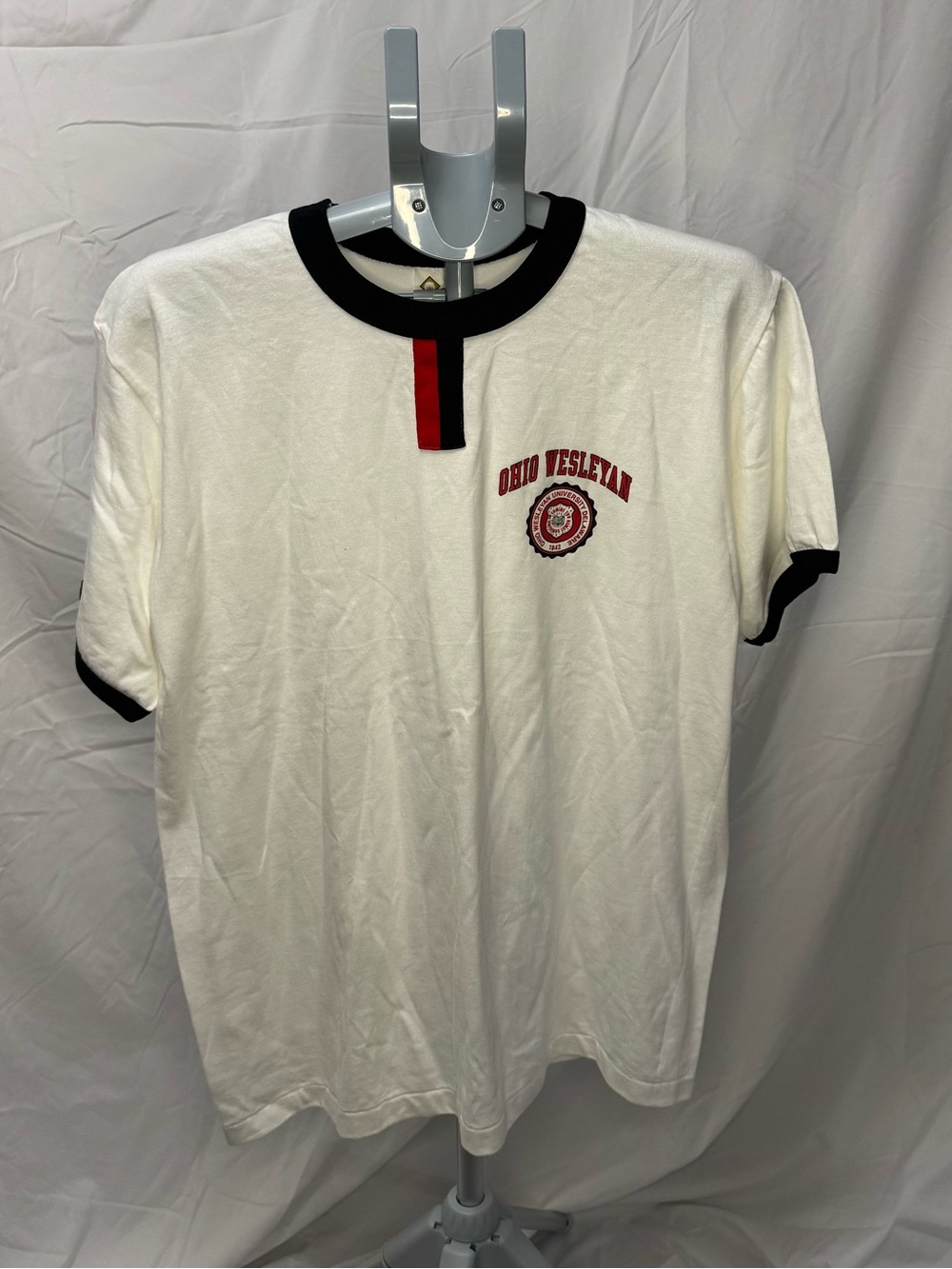 White Ohio Wesleyan Ringer T-Shirt with Red Accent